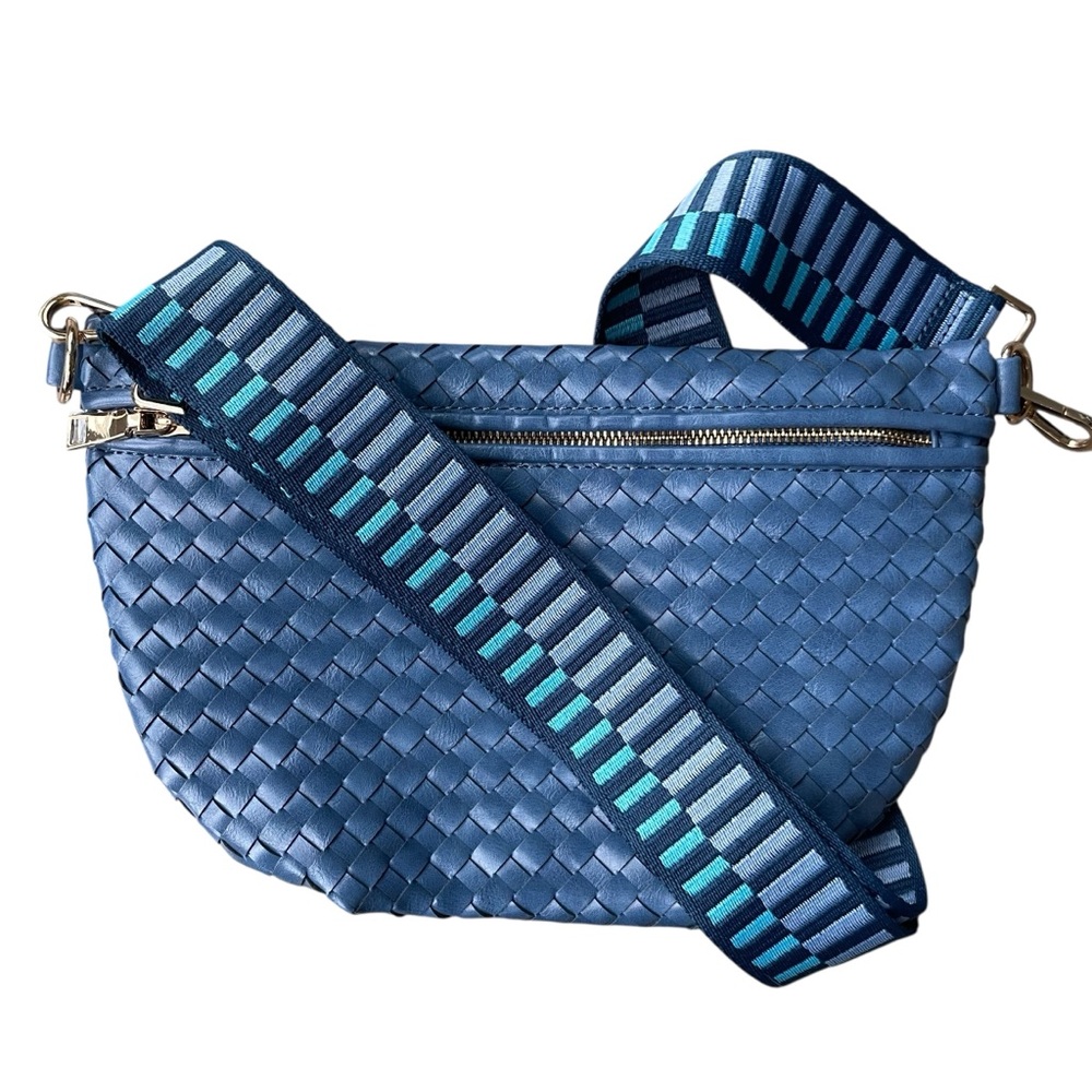 Pretty Simple Westlyn Woven Crossbody Bag Denim Blue Vegan Leather Adjustable